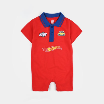 Infant Boys Jumbo Pique Knitted Romper (Hot Wheels) - Red