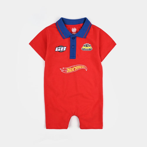 Infant Boys Jumbo Pique Knitted Romper (Hot Wheels) - Red
