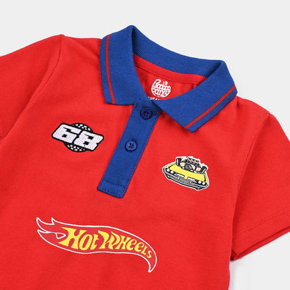 Infant Boys Jumbo Pique Knitted Romper (Hot Wheels) - Red
