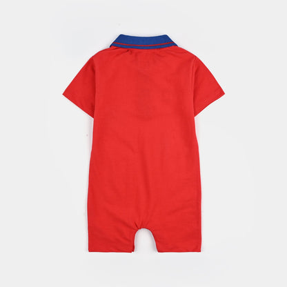 Infant Boys Jumbo Pique Knitted Romper (Hot Wheels) - Red