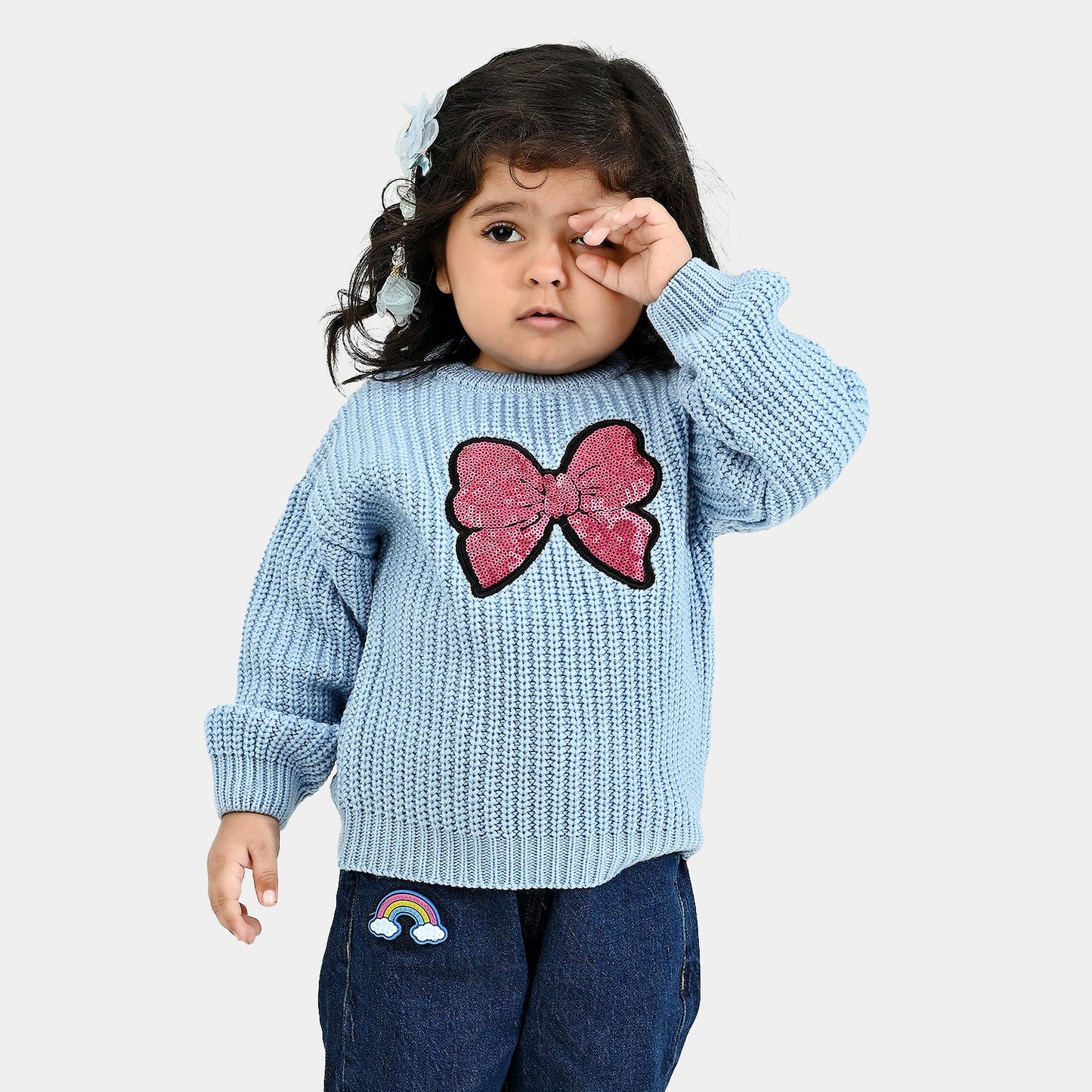 Infant Girls Acrylic Sweater-Sequence BOW-L.Blue