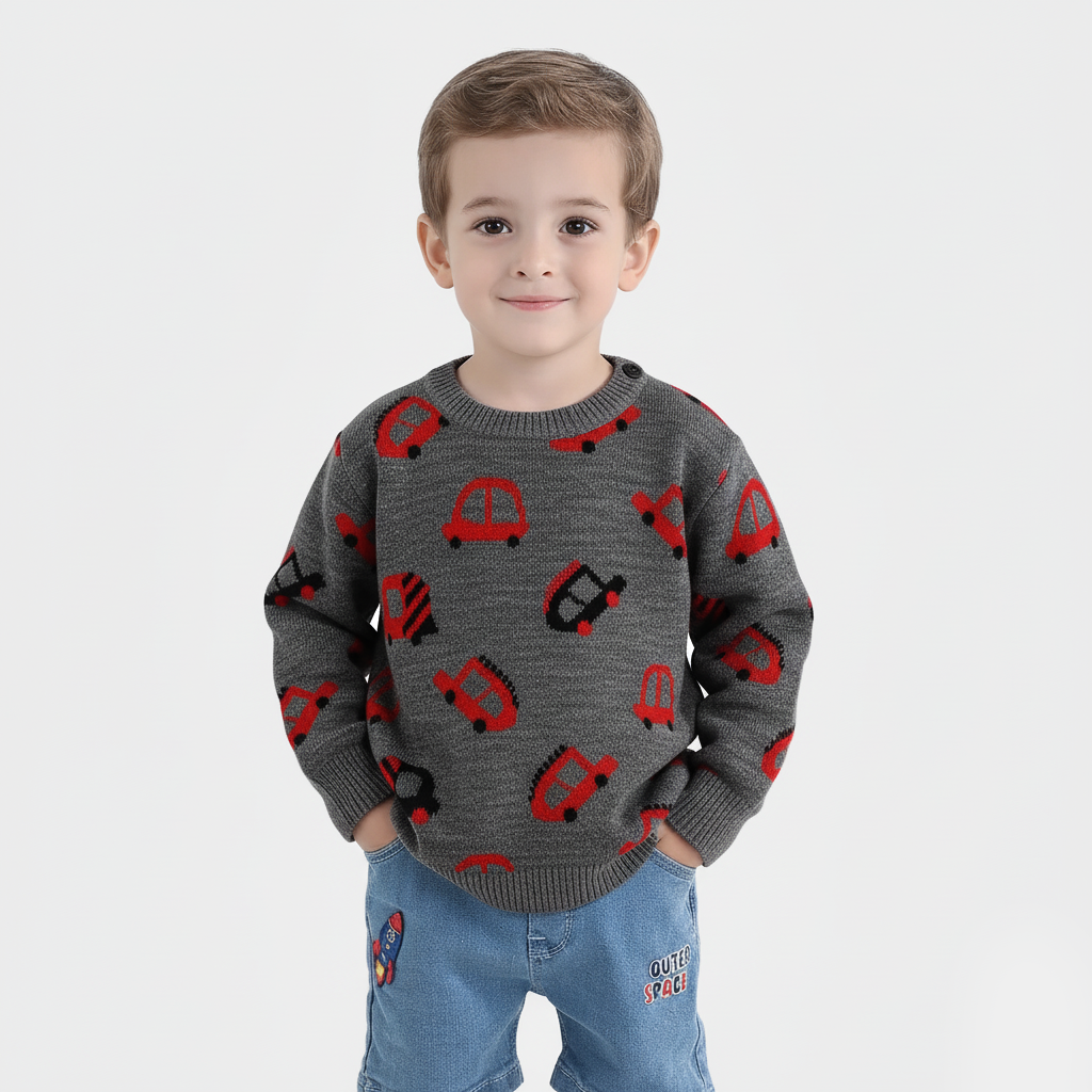 Infant Boys Acrylic Sweater (Little Cars) - Charcoal