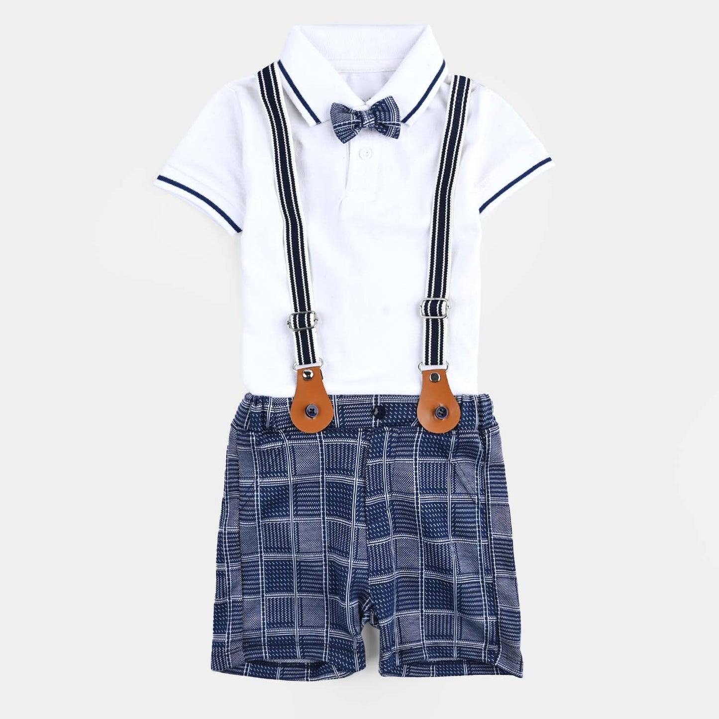 Infant Boys Cotton Interlock Suit (Suspender with Polo) - White/Blue