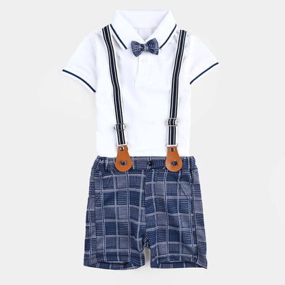 Infant Boys Cotton Interlock Suit (Suspender with Polo) - White/Blue