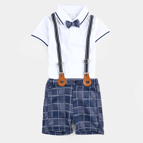 Infant Boys Cotton Interlock Suit (Suspender with Polo) - White/Blue