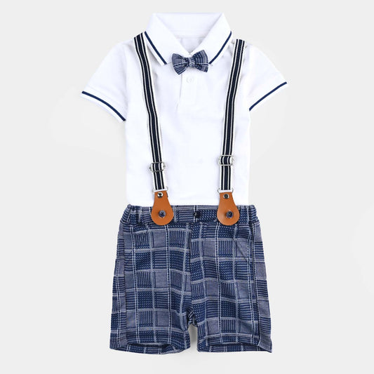 Infant Boys Cotton Interlock Suit (Suspender with Polo) - White/Blue