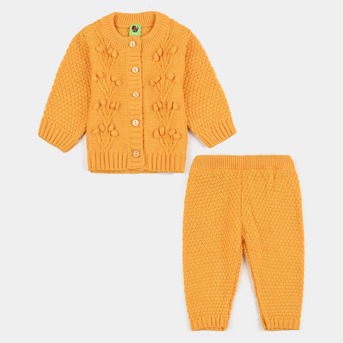 Infant Girls Acrylic Knit Suit - Pompom Floral- Mustard