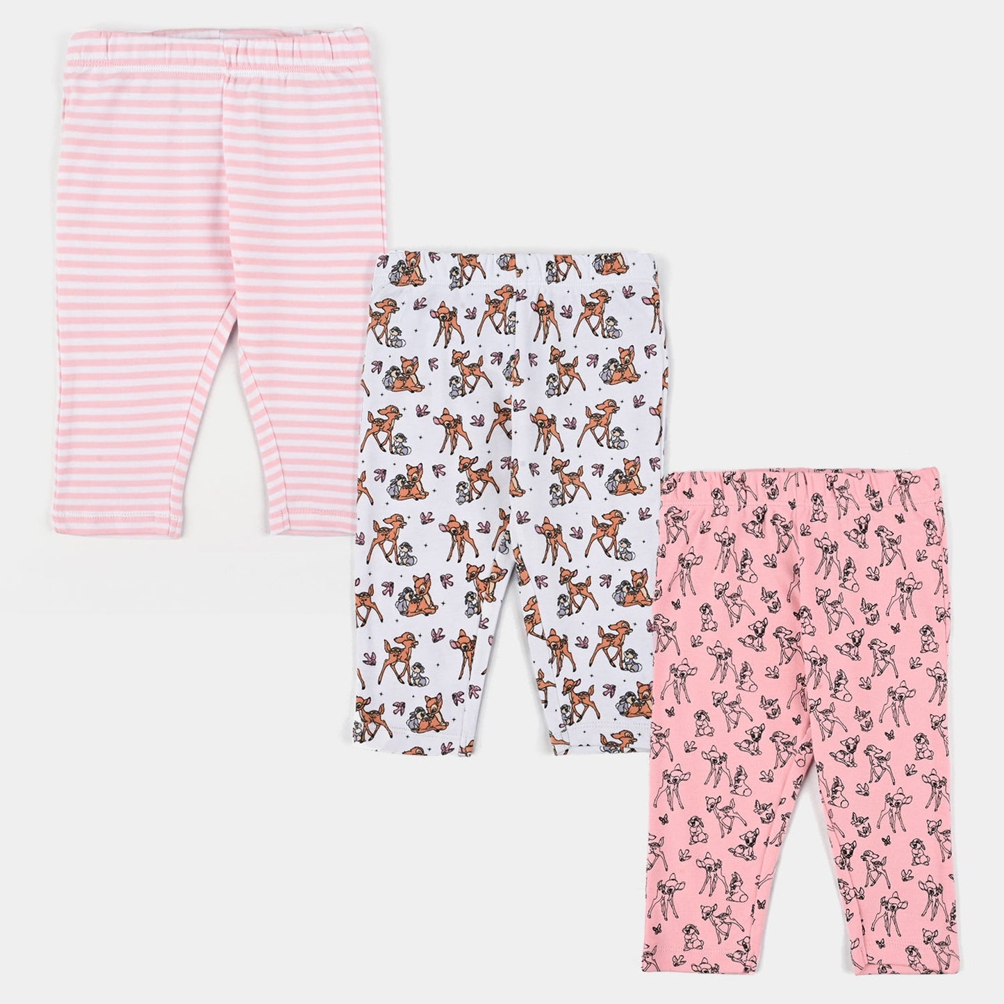 Infant Girls Cotton Interlock Pyjama Pack of 3 - Bambi Print - Pink & White