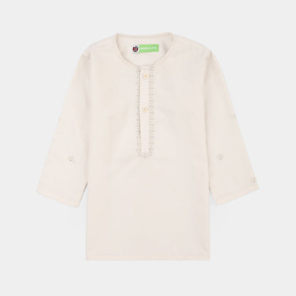 Infant Boys Poly Viscose Kurta Pajama (Flora Motif) - Off White