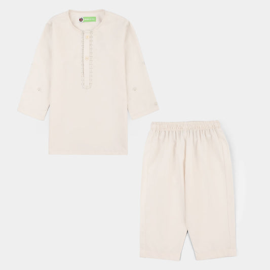 Infant Boys Poly Viscose Kurta Pajama (Flora Motif) - Off White
